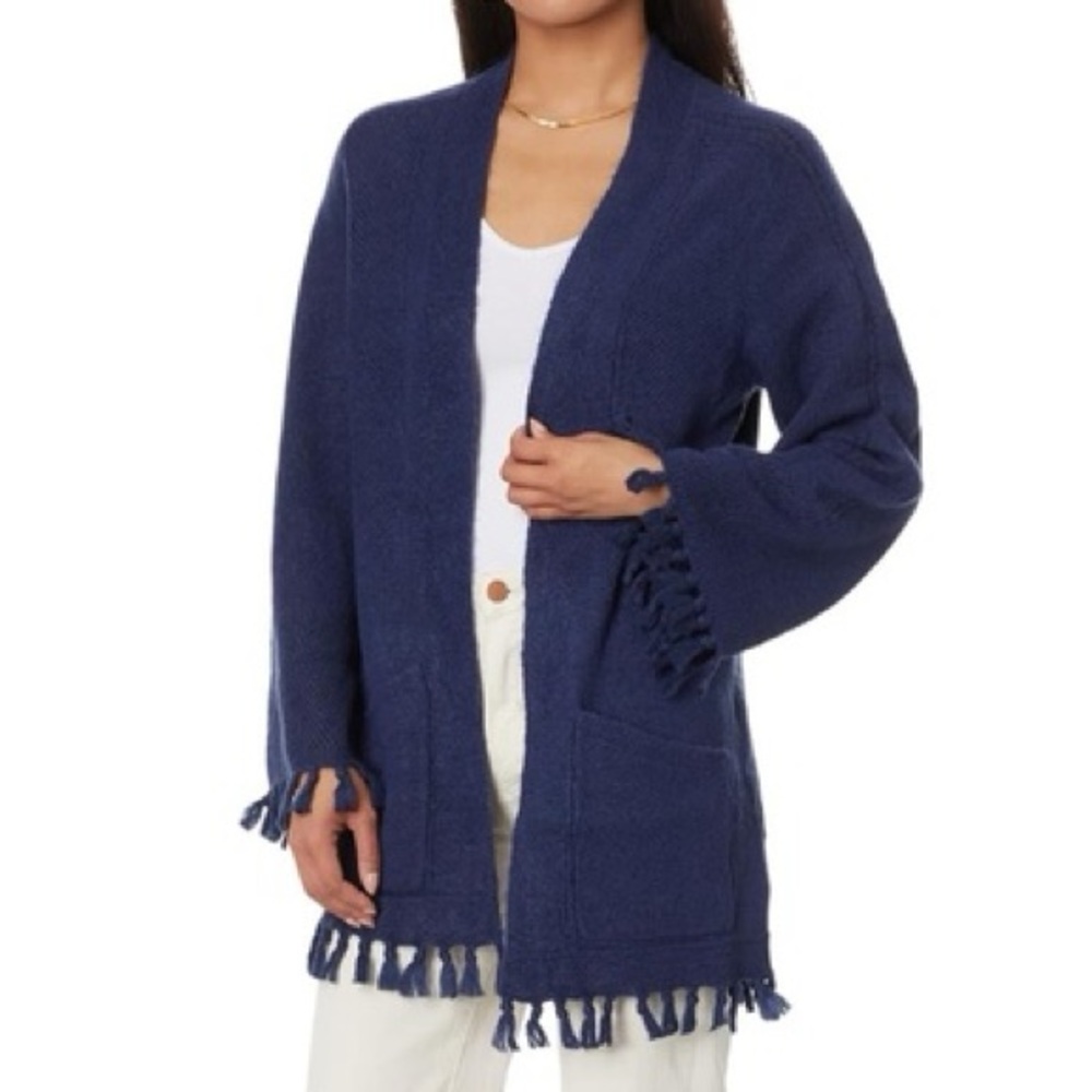 Lilly Pulitzer Lewiston Cardigan Sweater Tassels Low Tide Navy Size XXS